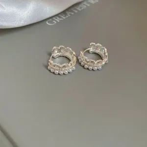 Elegant crown lace silver earrings with miniature white pearls for a vintage jewelry look