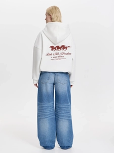 Oversize white hoodie with back horse print and Ride With Freedom text for women