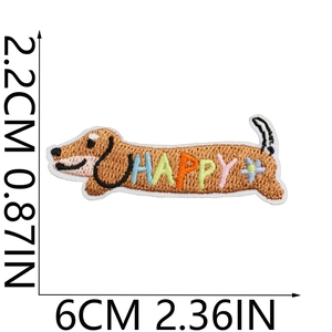 Detailed view showing dimensions of a brown embroidered dachshund puppy patch with Happy text