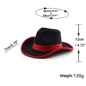 Black western cowboy jazz hat with red ribbon and edge stitching details with size chart