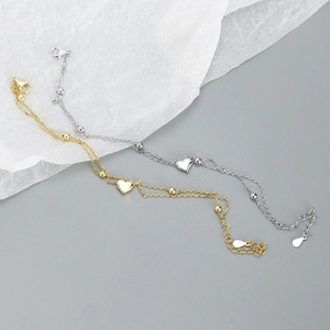 Elegant s925 silver double-layered heart pendant bracelet in gold and silver finishes