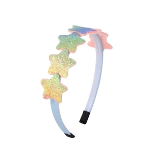 Detail of light blue girls headband with four glitter rainbow stars and non-slip ends