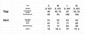 Size guide table for women sequin cowl neck top and mermaid skirt party set