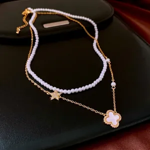 Double Layer Necklace Imitation Artificial Pearl Copper Chain White Shell Clover Zircon Star Pendant Elegant Jewelry Women