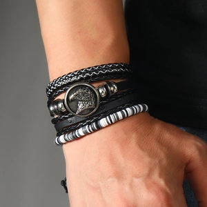 Men's multi-layer leather bracelet set with woven straps and metal eagle pendant