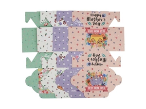 Flat lay of Mother's Day cookie gift boxes in pink, purple, white and green floral designs