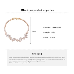 Detailed view of rose gold zircon bracelet with geometric stone inlay and product specs