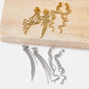 Long tassel drop earrings in gold and silver finish with minimalist wavy chain design