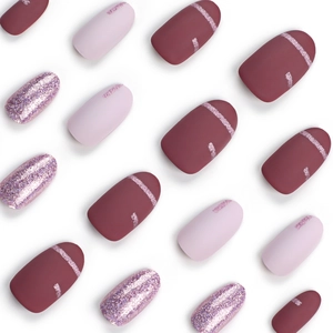 Short round press-on nails with matte pink glitter and mauve red finish designs