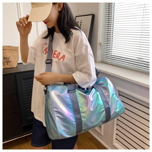 Close-up of a gradient holographic fitness bag with independent shoe compartment and straps
