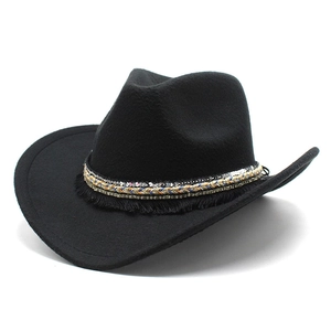 Black felt western cowboy hat featuring sequin decorative band and stylish tassels