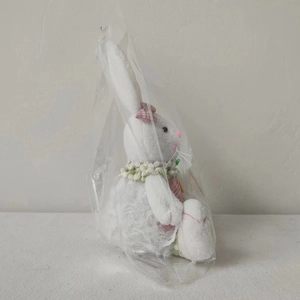 Detailed view of a white plush Easter bunny with a pink bow in clear plastic packaging
