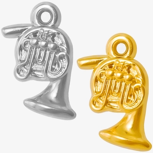 Detail of 304 stainless steel french horn pendants in polished gold and silver finishes