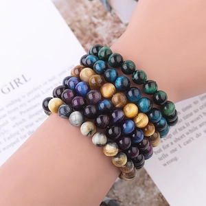 Layered natural tiger eye stone bracelets with 8mm round beads in multi-color finish