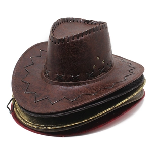 Stacked distressed faux leather cowboy hats in brown, black, and red with stitched brims