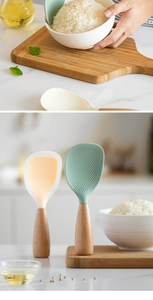Close-up of standing silicone rice spoons with wooden handles in green and yellow