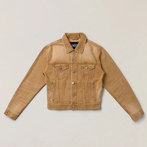 Detail of vintage brown denim jacket with hand-distressed texture and metal buttons