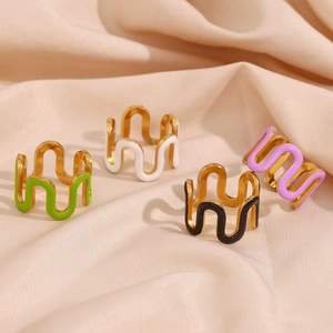 Stainless Steel Wave Ring 18K Gold Plated Enamel Drip Oil Y2k Style Geometric Adjustable Open Ring For Women Jewelry Gift