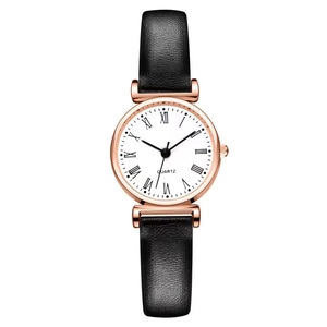 Elegant ladies quartz watch with rose gold case, Roman numerals and black leather strap