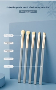 Detailed view of 5-piece eye makeup brush set with gray handles and gold ferrules