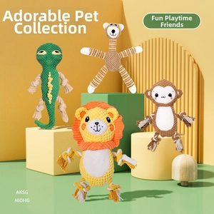 Group of plush animal toys including lion and giraffe with cotton rope legs for pet dental care