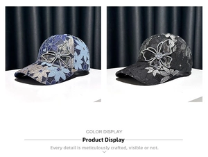Detailed lace texture and sparkling rhinestone butterfly on stylish summer sun hats
