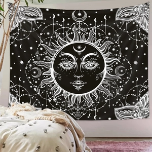 Bohemian sun and moon celestial tapestry in black and white for bedroom wall decor