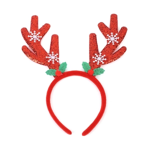 Sparkly red Christmas reindeer antler headband with white snowflakes and holly decorations