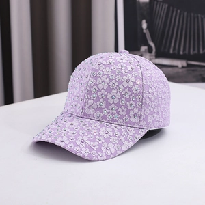 Purple lace baseball cap with floral embroidery and rhinestones for outdoor sun protection