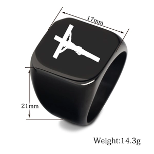 Detail view of black stainless steel cross ring showing 17mm top width and 14.3g weight