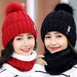 Women Winter Knitted Beanie Hat And Neck Scarf Fleece Lined Warm Windproof Pom Pom Fashion