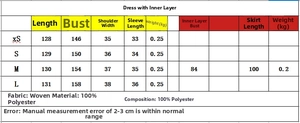 Detailed size chart for tiered ruffle puff sleeve dress in various sizes and dimensions