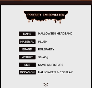 Detailed product specifications for plush Halloween headbands showing size and weight info
