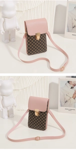 Detailed view of pink and brown patterned leather crossbody bag with a gold buckle