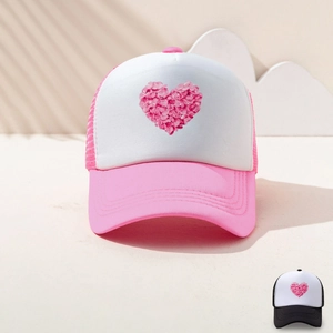 Women Trucker Hat Mesh Breathable Cotton Heart Printed Baseball Cap Adjustable Snapback Sun Protection Sweet Outdoor