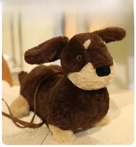 Detailed view of the soft plush dachshund dog bag with a matching fabric strap