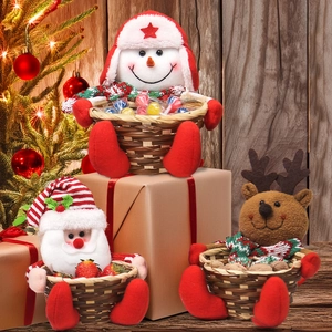 Christmas themed candy storage baskets featuring plush Santa, Snowman and Reindeer