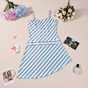 Detailed flat lay of a blue and white striped camisole dress with delicate straps
