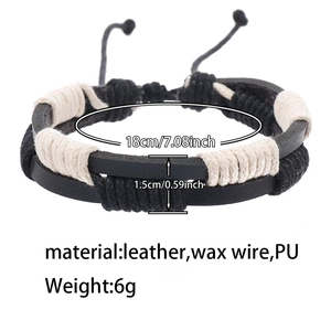 Detail showing dimensions of woven leather and wax wire bracelet with black and beige cords