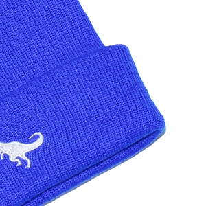 Close-up of blue knitted hat featuring white dinosaur embroidery and fine stitch detail