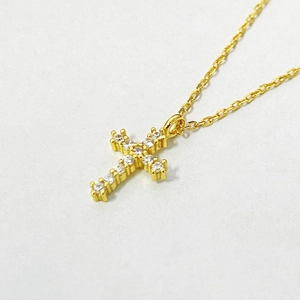 Elegant gold plated S925 silver cross necklace with sparkling white zircon crystals