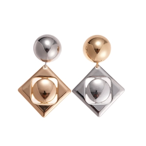 Geometric gold and silver mixed metal earrings with spherical and rhombus drop designs