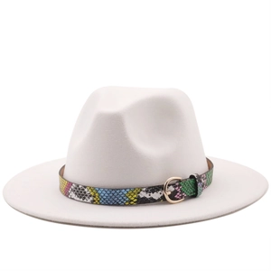 Close-up of white fedora hat featuring a colorful snakeskin band and gold buckle