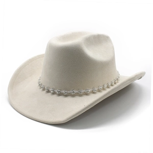 Classic cream suede cowboy hat with sparkling rhinestone chain detail and wide brim