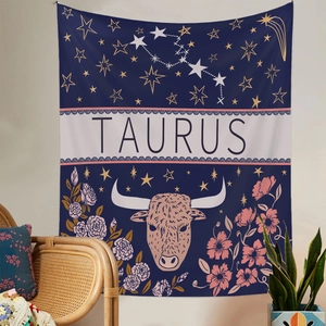 Deep blue Taurus zodiac wall tapestry with star pattern and floral bull head detail