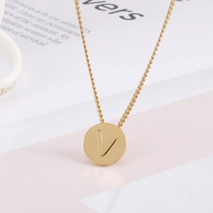 Elegant gold titanium steel necklace featuring a minimalist letter V round pendant