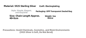 Detailed specifications for S925 sterling silver chain with size and care instructions