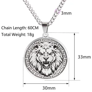 Men's silver stainless steel lion head pendant necklace with a 60cm Cuban chain