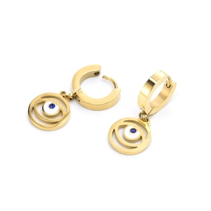 Goldene Creolen mit Evil Eye Herzanhängern, blauen Edelsteinen und weißer Emaille-Verzierung