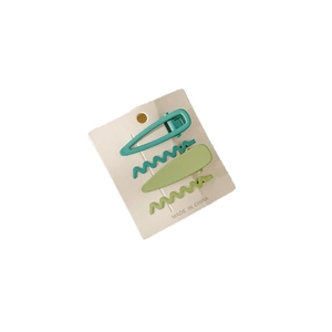 Set of 4 matte green hair clips in oval and wavy shapes on display card